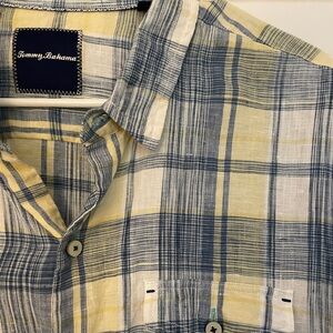 Men’s Tommy Bahama Linen Blue & Yellow Short-Sleeved Button Down Shirt (XL)
